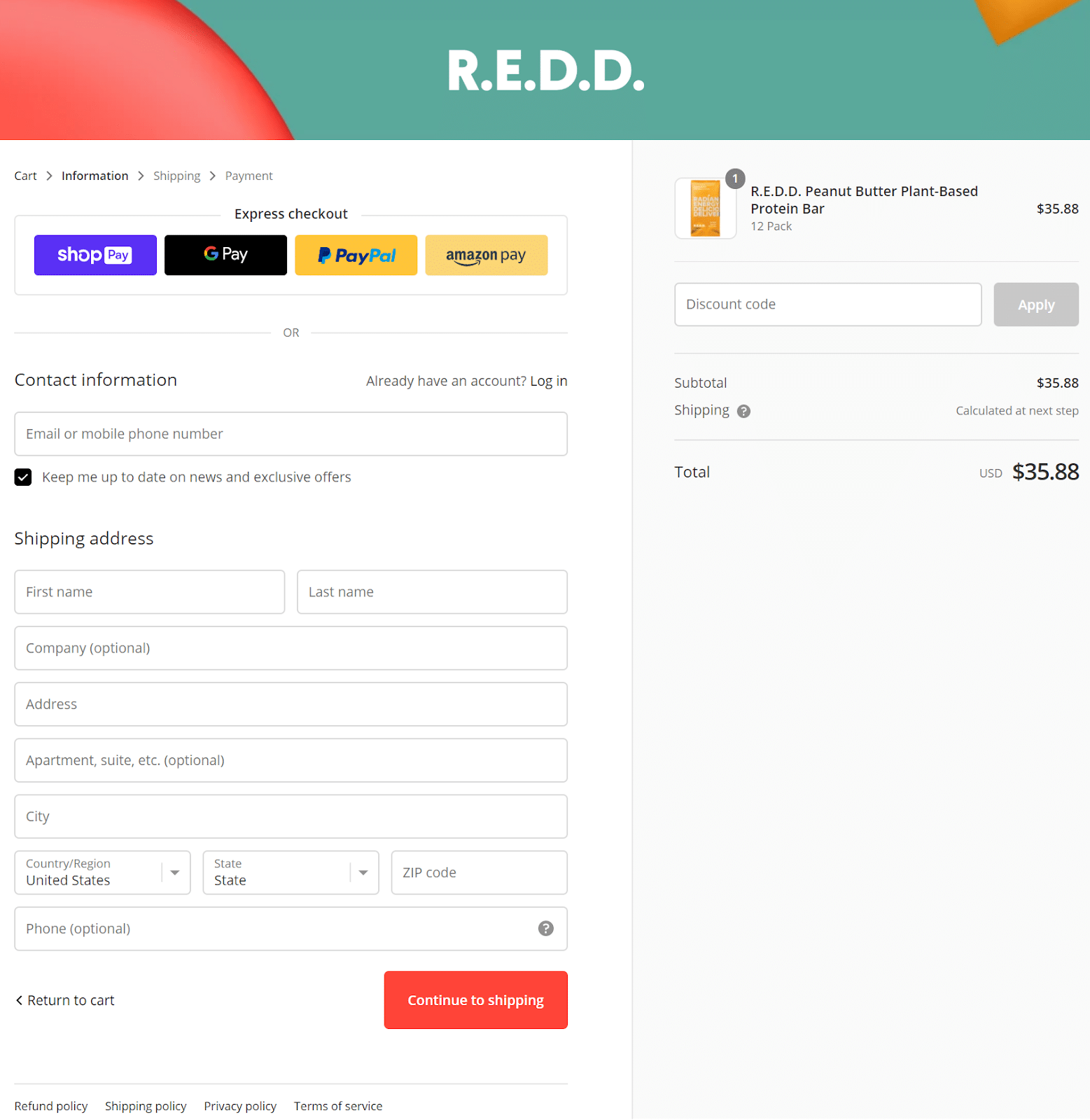 Reddbar checkout page