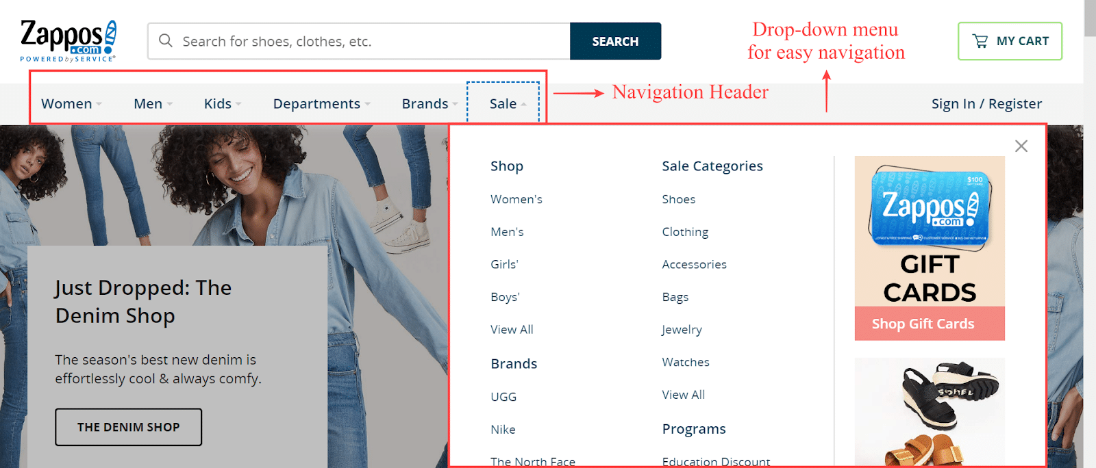 Zappos Header Navigation