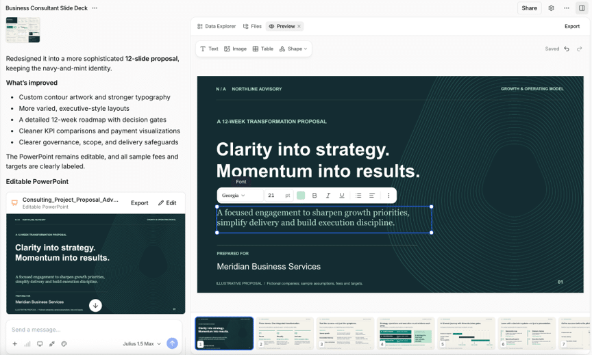 Julius AI presentation editor showing text formatting controls and slide thumbnails