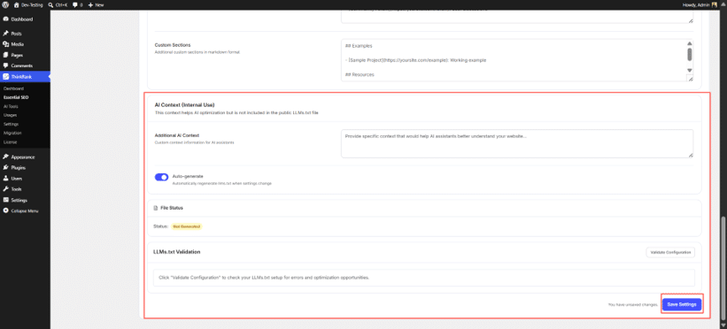 WordPress dashboard showing ThinkRank Essential SEO settings with options for AI Context internal use, auto-generate toggle, file status, and LLMs.txt validation.