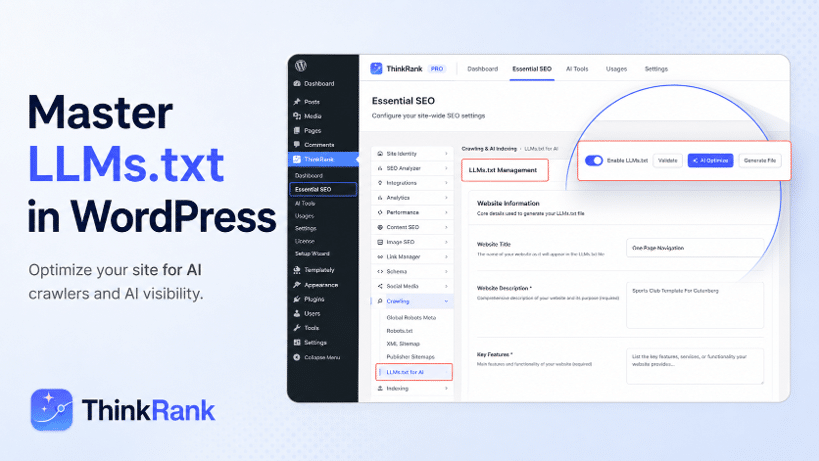 ThinkRank WordPress Essential SEO dashboard showing settings for LLMs.txt management and AI crawler optimization.