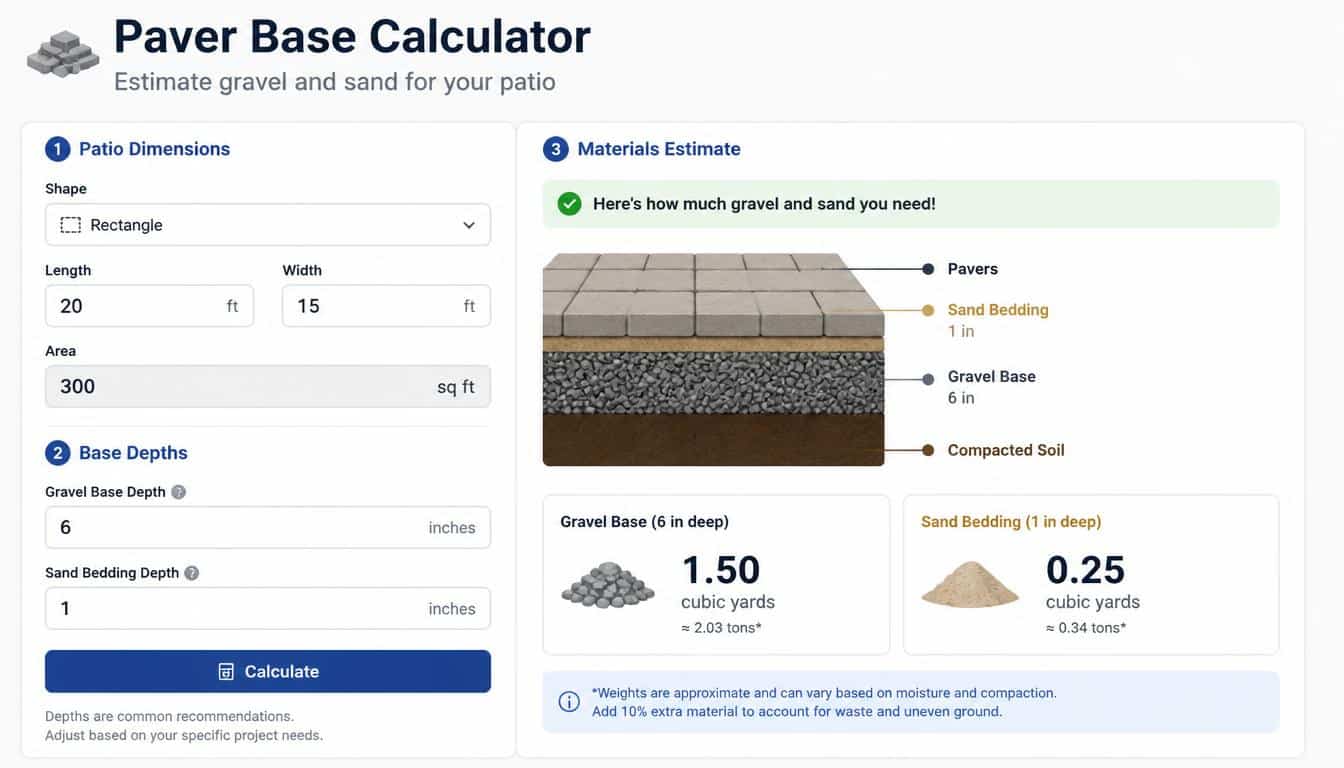 Paver Base Calculator – Estimate Gravel and Sand for Your Patio