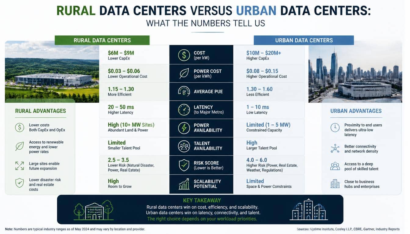 Rural Data Centers Versus Urban Data Centers